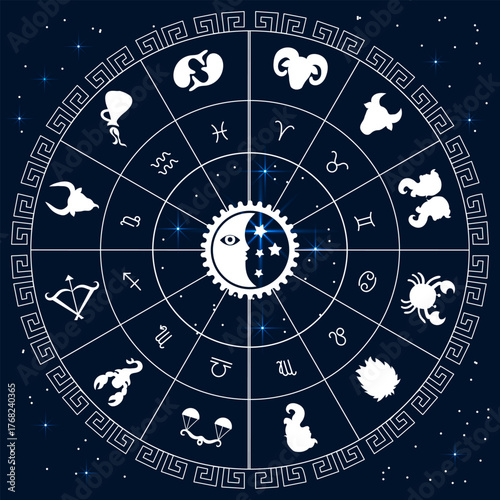 Zodiac Wheel of Stars and Constellations Vector Art