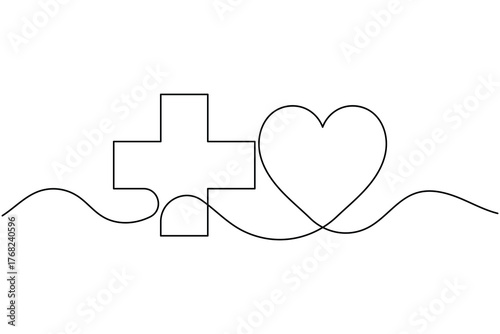 Medical cross continuous one line drawing on white background minimalist health symbol outline vector illustration