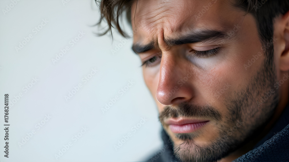 Obraz premium Realistic Sad Man Portrait on White Background Emotional Isolated Male Expression Photography.