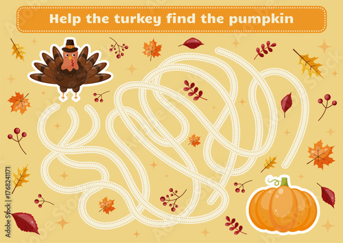 Maze game for kids. Cute labyrinth with Thanksgiving theme. Help the turkey find the pumpkin.Educational activity worksheet.Illustration for kids books and workbooks.Logical quest for children.Vector 