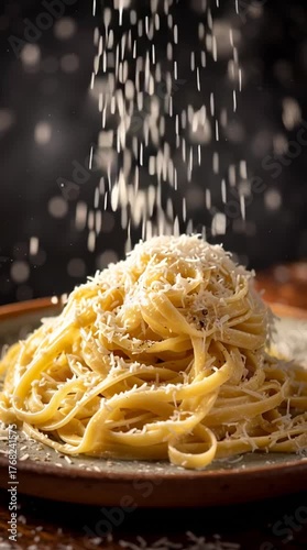 Close-up of spaghetti with cheese being sprinkled on top, creating a delicious Italian food moment. Ideal for restaurant promotion, recipe content and culinary brand visuals.