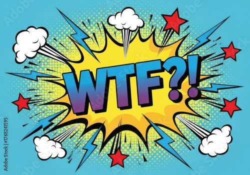 Explosive comic book style wtf question mark speech bubble isolated on white background