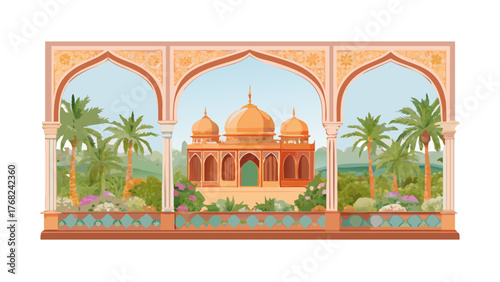Illustration of a golden building with domes seen through arches with palm trees and lush greenery