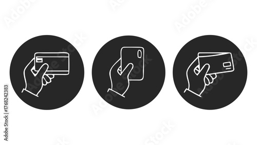 Illustrations of hands holding a credit card and a phone in oval black icons on a white background
