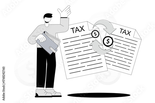 Tax Calculation, Refund, or Exchange Concept Illustration, Flat Vector Illustration of Annual Tax Filing and Money Exchange