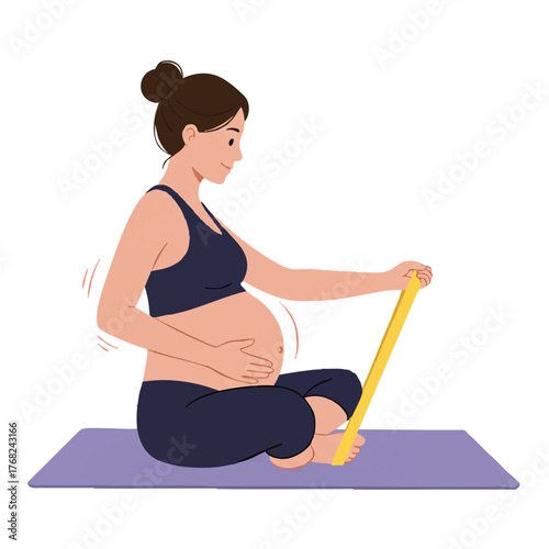 This flat 2D vector illustration shows a pregnant woman comfortably sitting on a mat performing a gentle spinal stretch using a yellow resistance band, emphasizing prenatal fitness and flexibility.