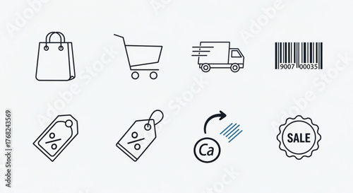 Illustration of shopping icons including a bag, cart, truck, barcode, tags, and sale badge icon created with generated ai