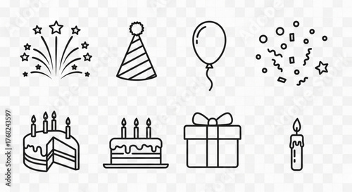 Illustration of birthday party elements including cake gifts and decorations in a line art style created with generated ai