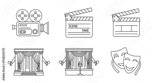 Illustration showcasing movie camera, clapperboards, stages and theatrical masks in outline style created with generated ai