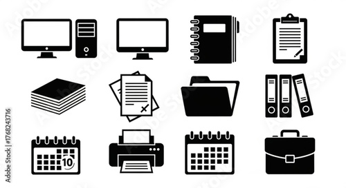 Illustration of office supplies including computer, printer, calendar, files, and other stationery items created with generated ai