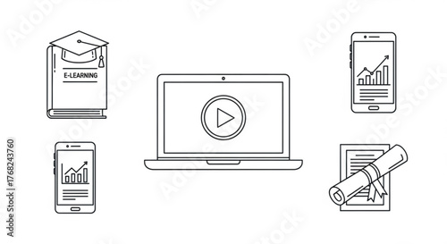 Illustration of e learning elements including laptop, phone, book and graduation scroll design vector created with generated ai