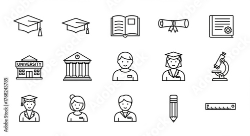 Line art icons depicting education elements such as graduation caps, books, and university buildings created with generated ai