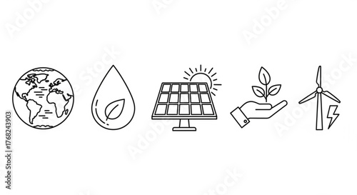 Line art icons depicting earth, water drop, solar panel, plant in hand, and wind turbine symbols created with generated ai