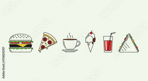 Illustration of burger, pizza slice, hot coffee, ice cream, juice and sandwich arranged horizontally created with generated ai