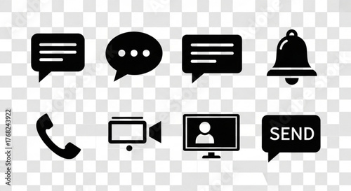 Black communication icons including speech bubbles, phone, video, bell and send are displayed created with generated ai