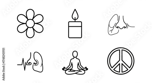 Illustration showing flower, candle, nose, meditation, peace sign and nose with sound waves created with generated ai