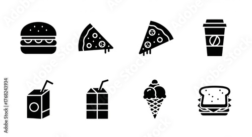Black and white vector icons showing burger pizza coffee juice ice cream and sandwich food items arranged created with generated ai