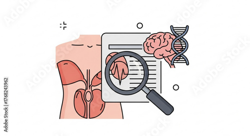 Illustration of human body with kidneys brain dna and magnifying glass over a report sheet created with generated ai