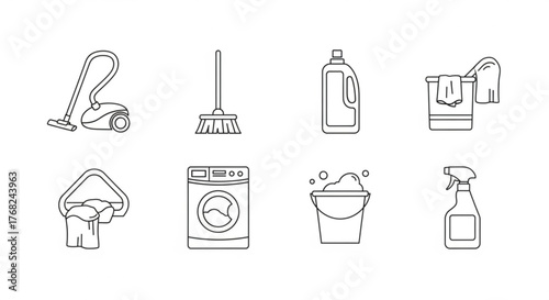 Illustration of cleaning supplies including vacuum, mop, detergent, and washing machine in outline style created with generated ai