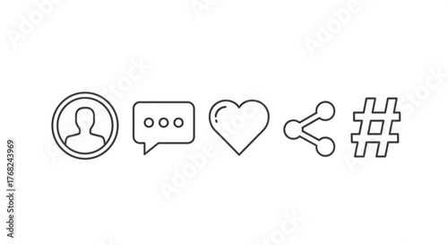 Illustration of profile, comment, like, share, and hashtag icons in a simple line art style design created with generated ai