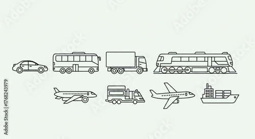 Illustration showing various modes of transportation including car bus truck train plane and ship outlines created with generated ai