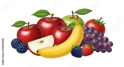 An arrangement of fresh fruits including apples, banana, grapes, strawberries and blackberries shown created with generated ai