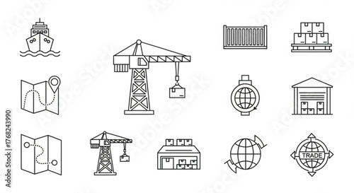 Line art icons depicting global trade elements including shipping, logistics, and warehousing concepts created with generated ai
