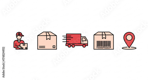 Illustration showing delivery man with box, package, truck, barcode box and location pin icon created with generated ai