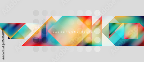 Abstract geometric pattern. Colorful triangles, squares overlap. Light gray backdrop features subtle circles. Modern design element.