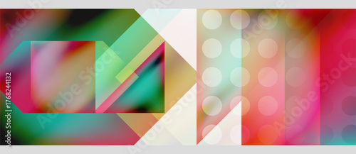 Abstract composition. Geometric shapes overlap, vibrant colors blend. Modern design, digital art, visual harmony present.