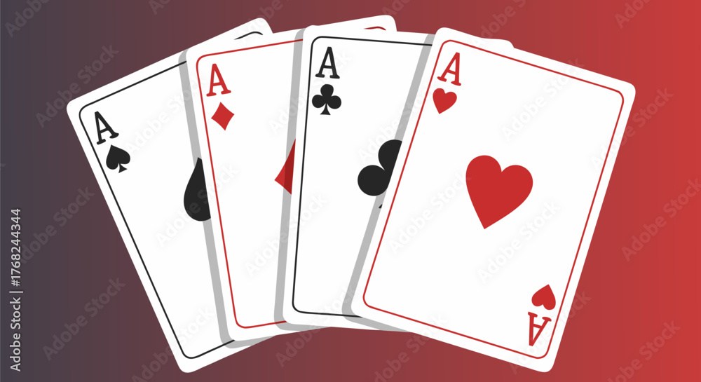 Obraz premium A winning hand of four aces from a deck of playing cards, showcasing spades, hearts, diamonds, and clubs in a flat vector design