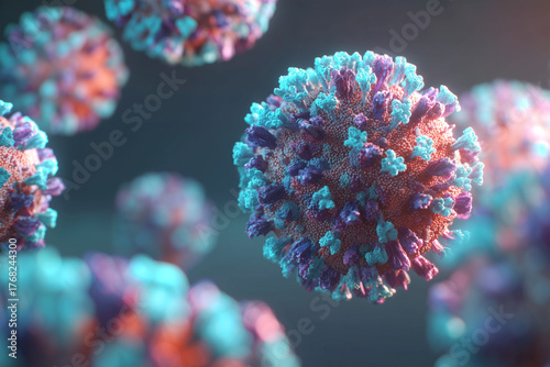 Respiratory virus with vivid blue and purple spike proteins floating, perfect for content on virology, pandemics, or infectious diseases