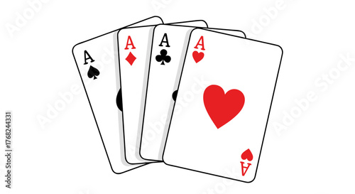 Illustration of a winning poker hand showing four aces fanned out. Vector graphic of all suits, hearts, clubs, spades, and diamonds, isolated on a white background