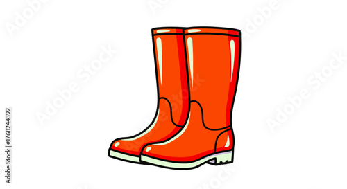 Vector illustration of a pair of orange waterproof rubber boots. Classic galoshes or Wellington boots for protection from rain and mud