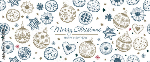 Cookie and Christmas ball pattern on white, hand drawn illustration.