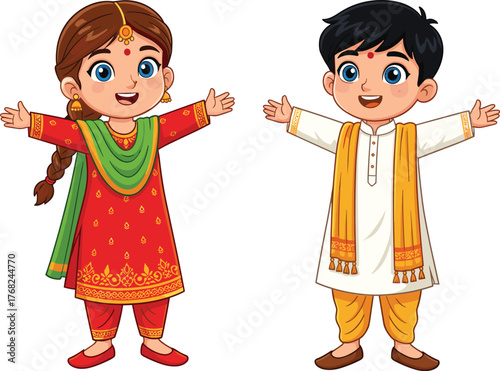 Happy Indian children in traditional clothing, cartoon boy and girl celebrating culture, cute kids with open arms illustration for festival design
