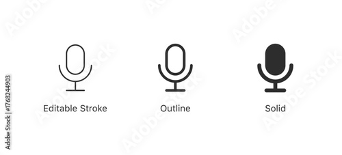 Microphone icon set vector mic icon symbol ; Podcast microphone web icon ; record, audio, sound, voice icons. editable stroke outline style for app user interface and web vector elements
