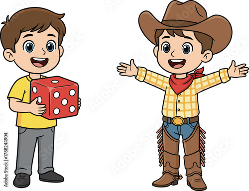 Happy kids playing fun games, boy holding big dice, child dressed as cowboy, playful costume activity, smiling children enjoying cartoon illustration
