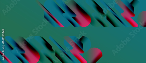 Abstract geometric shapes, teal background, pink highlights. Layered design creates depth, modern aesthetic. Minimalist composition.