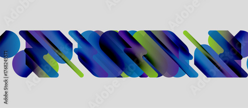 Abstract shapes overlap, creating dynamic composition. Blue, purple, green hues dominate neutral background. Modern design element.