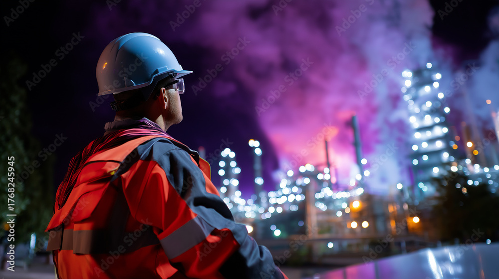 Obraz premium Partial silhouette of plant worker in safety equipment with crystal clear misty refinery and alert systems, with copy space