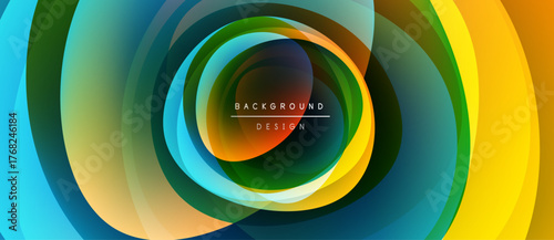Abstract colorful layers create swirling vortex. Center text reads background design. Vivid hues blend, forming dynamic visual effect.
