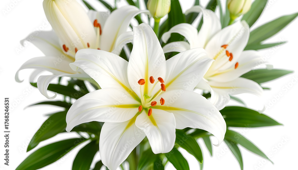 Fototapeta premium White Lily flower bouquet isolated on transparent background