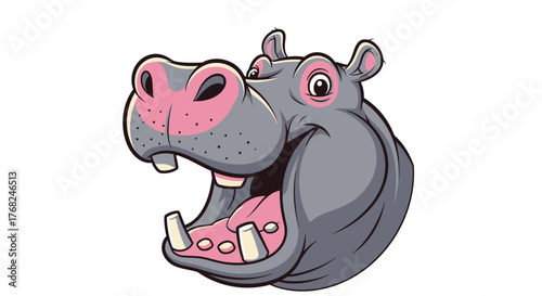 Cartoon hippopotamus head with an open mouth expressing joy on white background