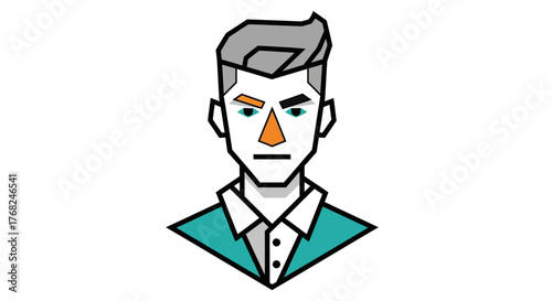 Geometric portrayal of a man with strong features and teal suit for digital avatar use