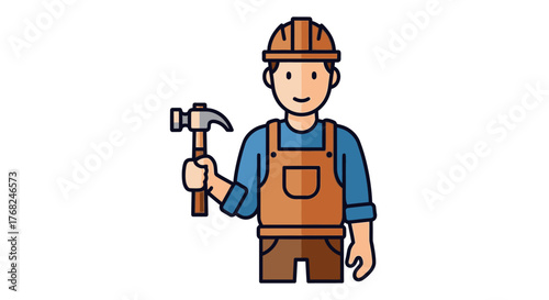 Illustrated construction worker with hammer, embodying craftsmanship and building trades