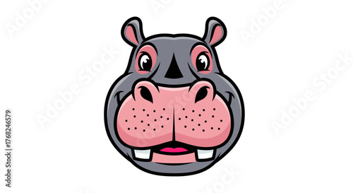 Playful hippo cartoon character with a sweet grin radiating joy and cheerfulness in its facial
