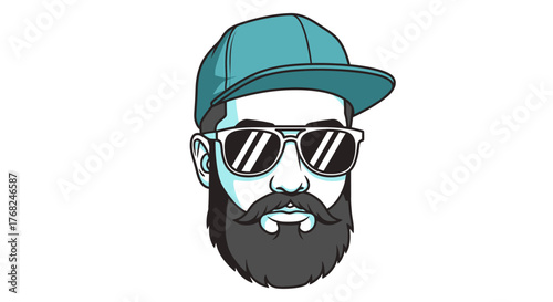 Stylized bearded man character design with cap and sunglasses on a white background