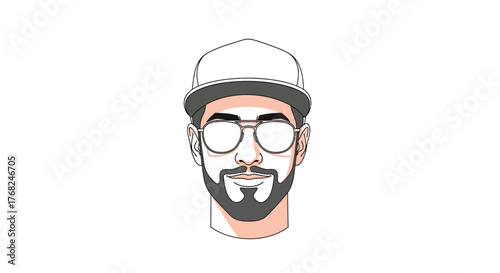 Stylized portrait of a bearded man with glasses and baseball cap in minimalist line art
