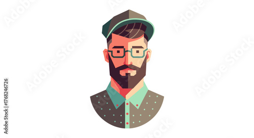 Stylized portrait of a bearded man wearing a cap and glasses, depicted with geometric shapes, and